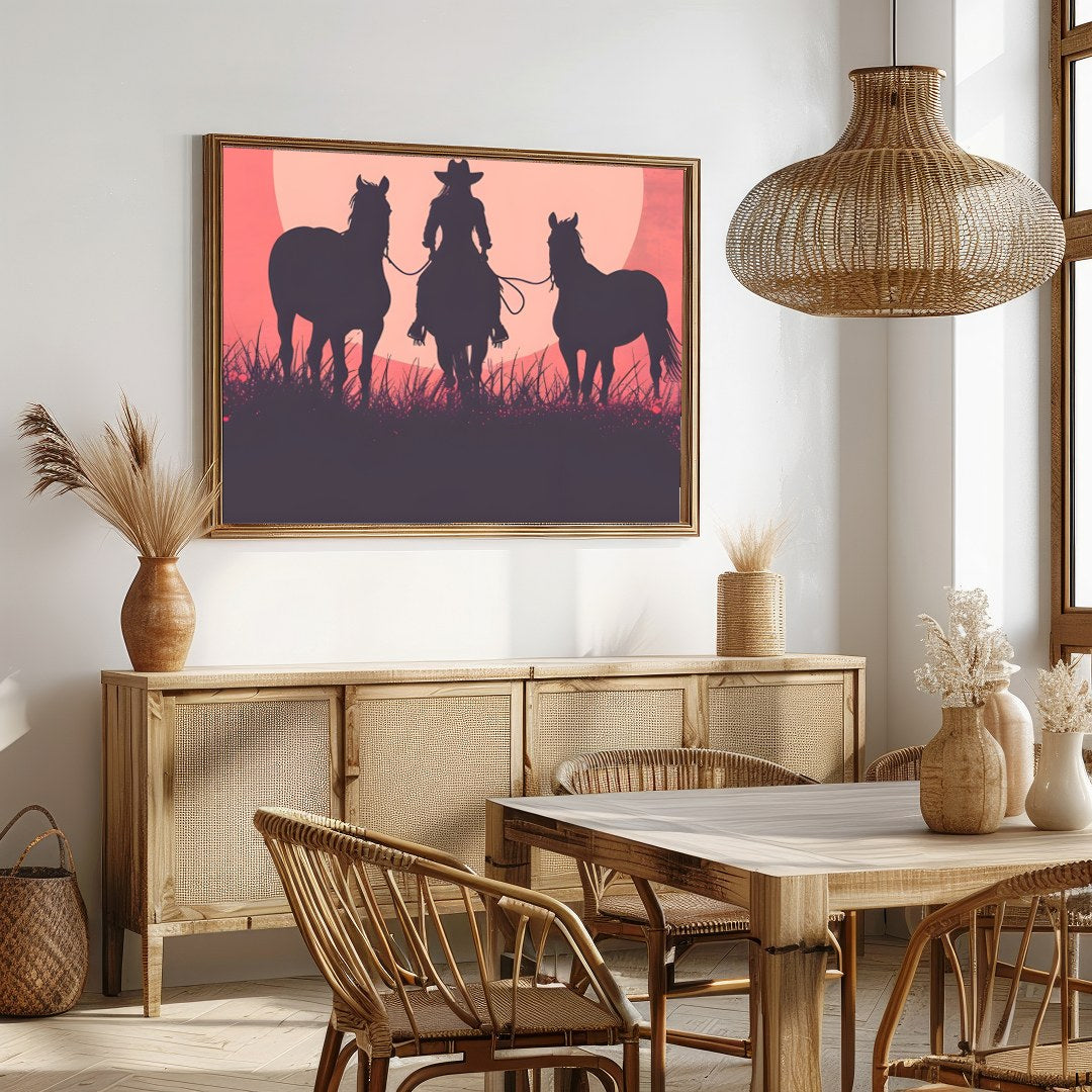 Capture the essence of the wild west with this evocative silhouette of a cowboy and his horses for Dining