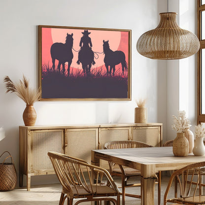 Capture the essence of the wild west with this evocative silhouette of a cowboy and his horses for Dining