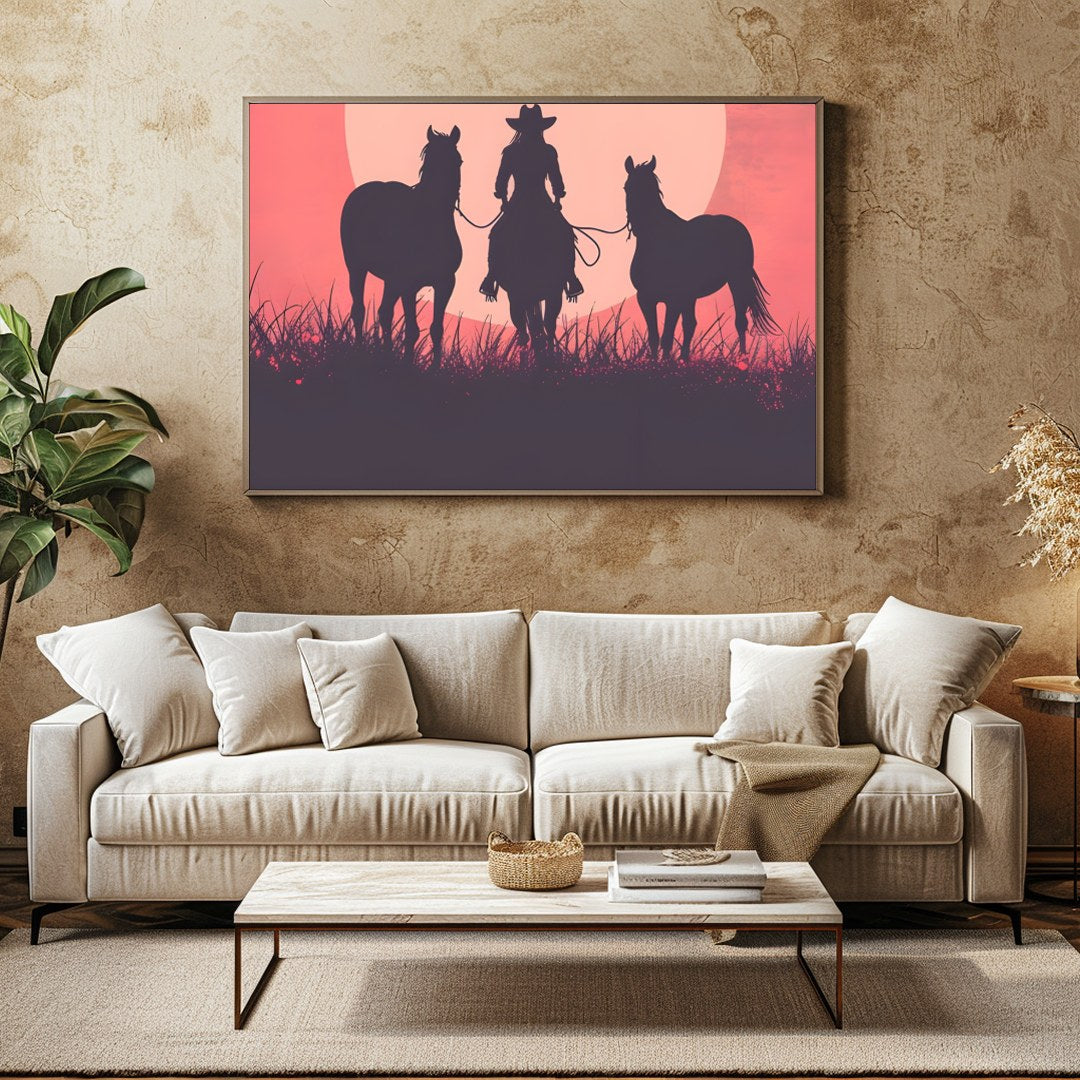 Capture the essence of the wild west with this evocative silhouette of a cowboy and his horses for Family Room