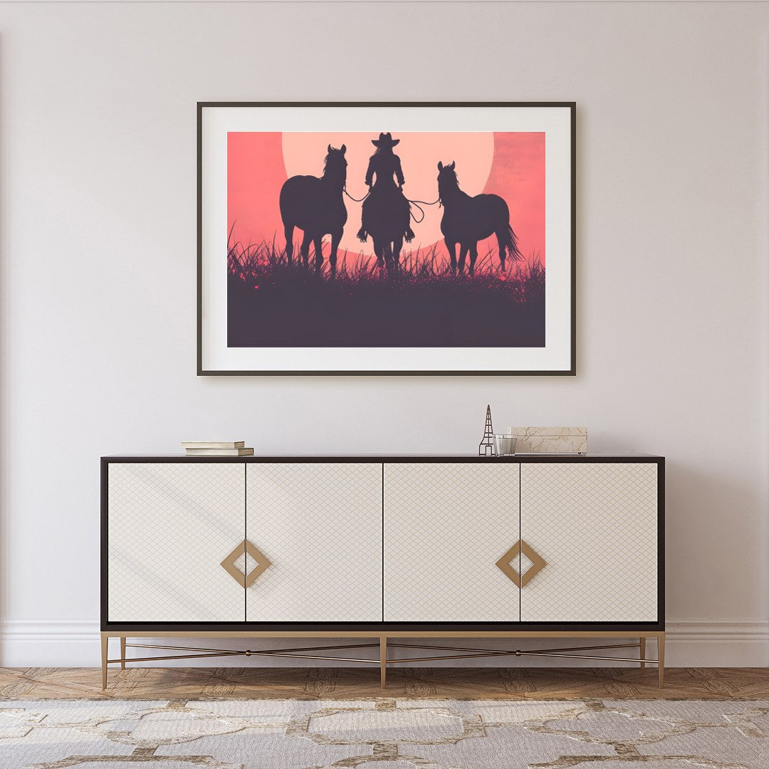 Capture the essence of the wild west with this evocative silhouette of a cowboy and his horses for Foyer