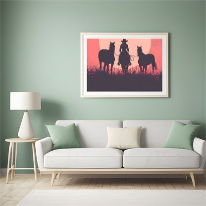 Capture the essence of the wild west with this evocative silhouette of a cowboy and his horses for Hall