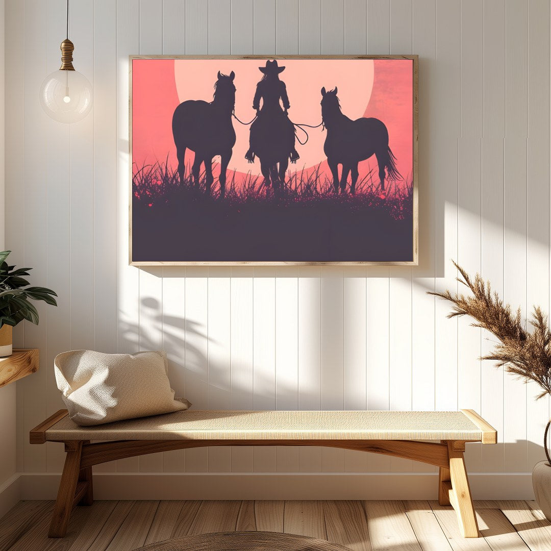 Capture the essence of the wild west with this evocative silhouette of a cowboy and his horses for Hallway