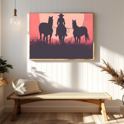 Capture the essence of the wild west with this evocative silhouette of a cowboy and his horses for Hallway
