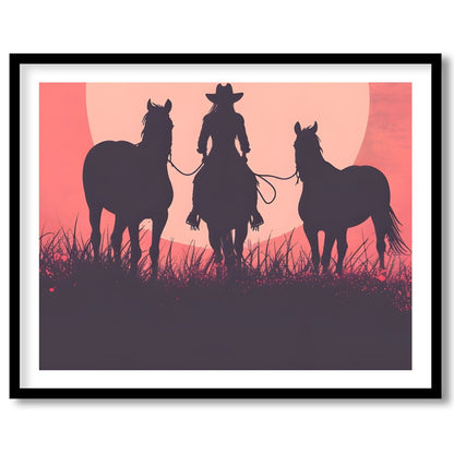 Capture the essence of the wild west with this evocative silhouette of a cowboy and his horses for house