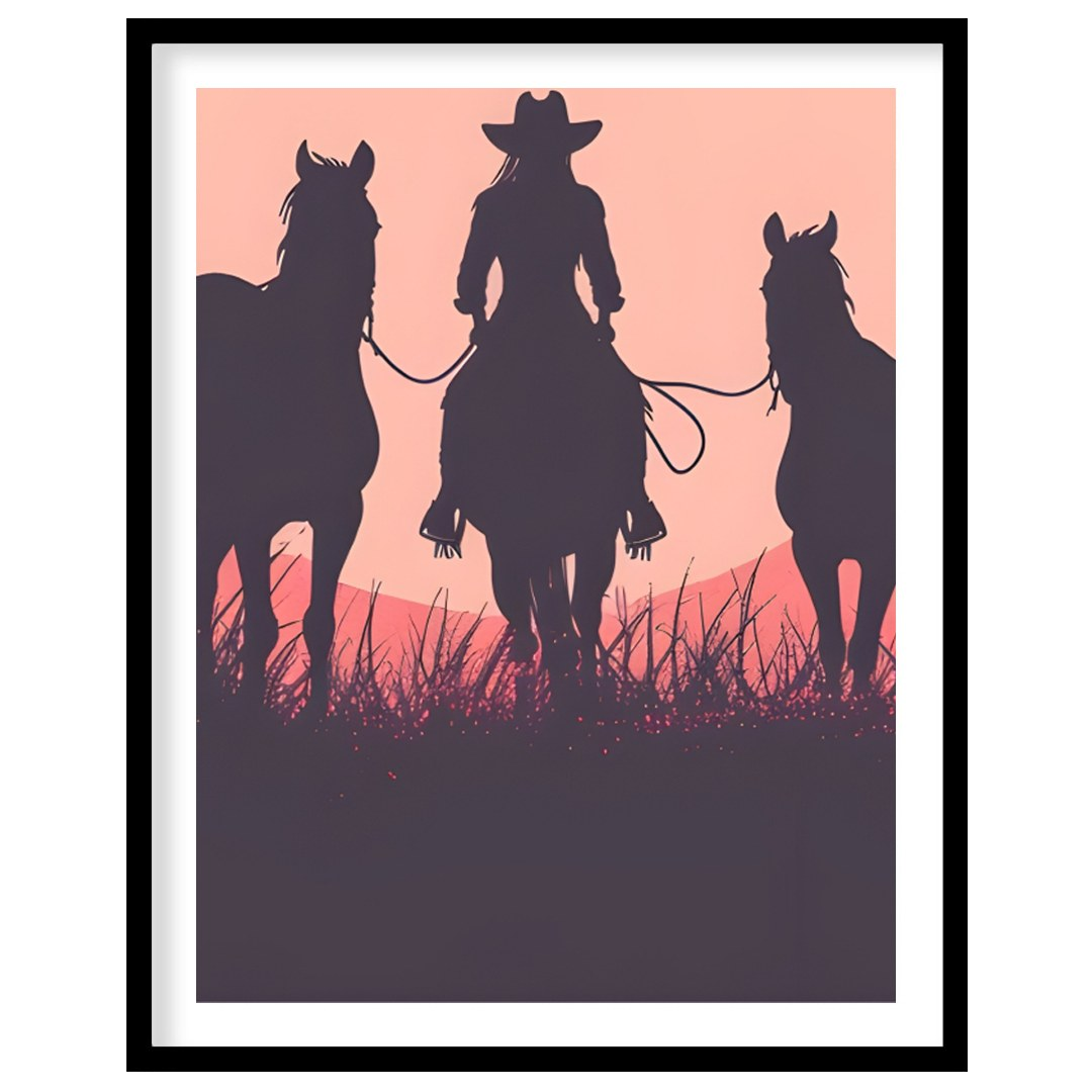 Capture the essence of the wild west with this evocative silhouette of a cowboy and his horses for house