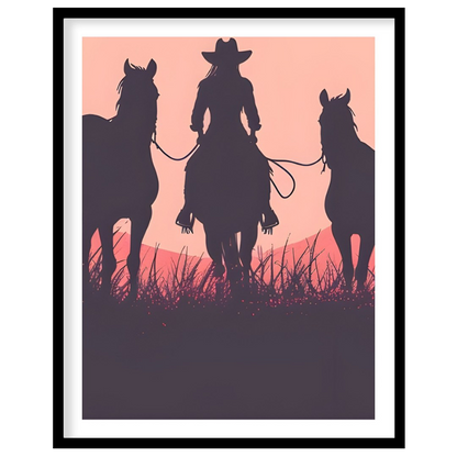 Capture the essence of the wild west with this evocative silhouette of a cowboy and his horses for house