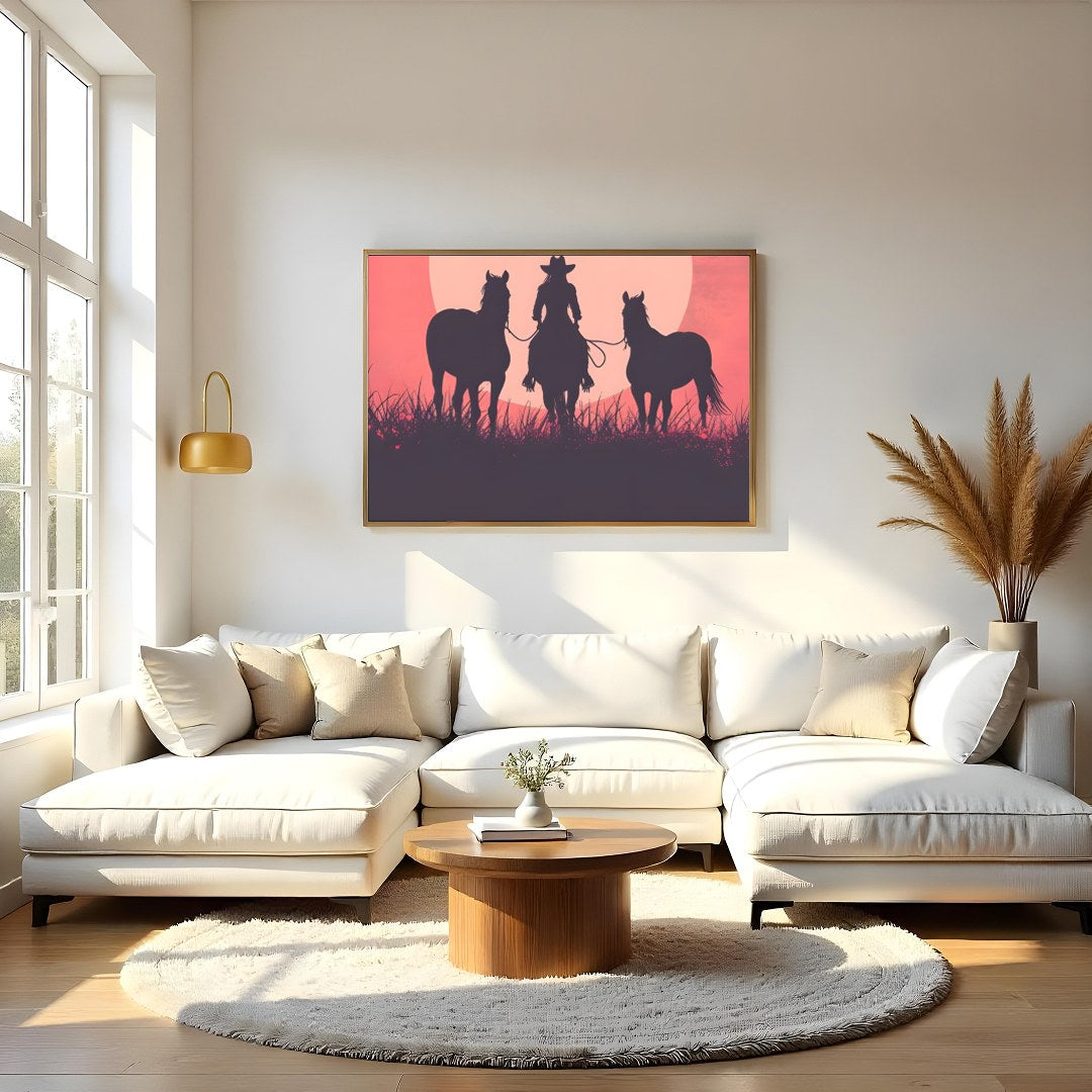Capture the essence of the wild west with this evocative silhouette of a cowboy and his horses for Living Room
