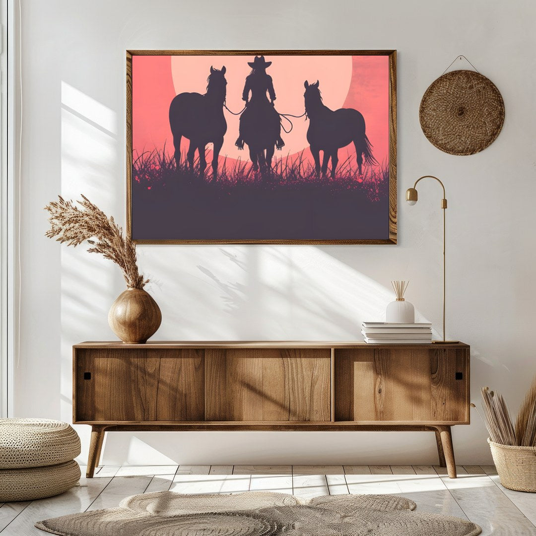 Capture the essence of the wild west with this evocative silhouette of a cowboy and his horses for Sitting Area