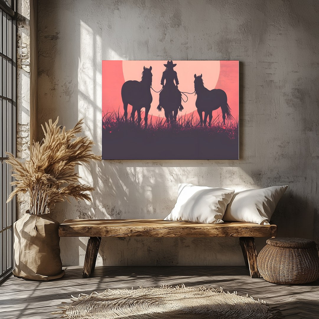 Capture the essence of the wild west with this evocative silhouette of a cowboy and his horses for Veranda