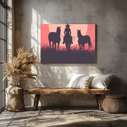 Capture the essence of the wild west with this evocative silhouette of a cowboy and his horses for Veranda