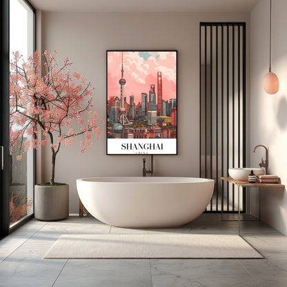 Immerse yourself in the vibrant and bustling energy of Shanghai with this stunning skyline artwork. for Bathroom