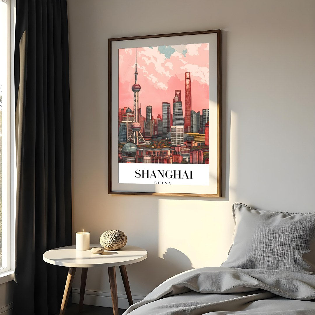 Immerse yourself in the vibrant and bustling energy of Shanghai with this stunning skyline artwork. for Bedroom