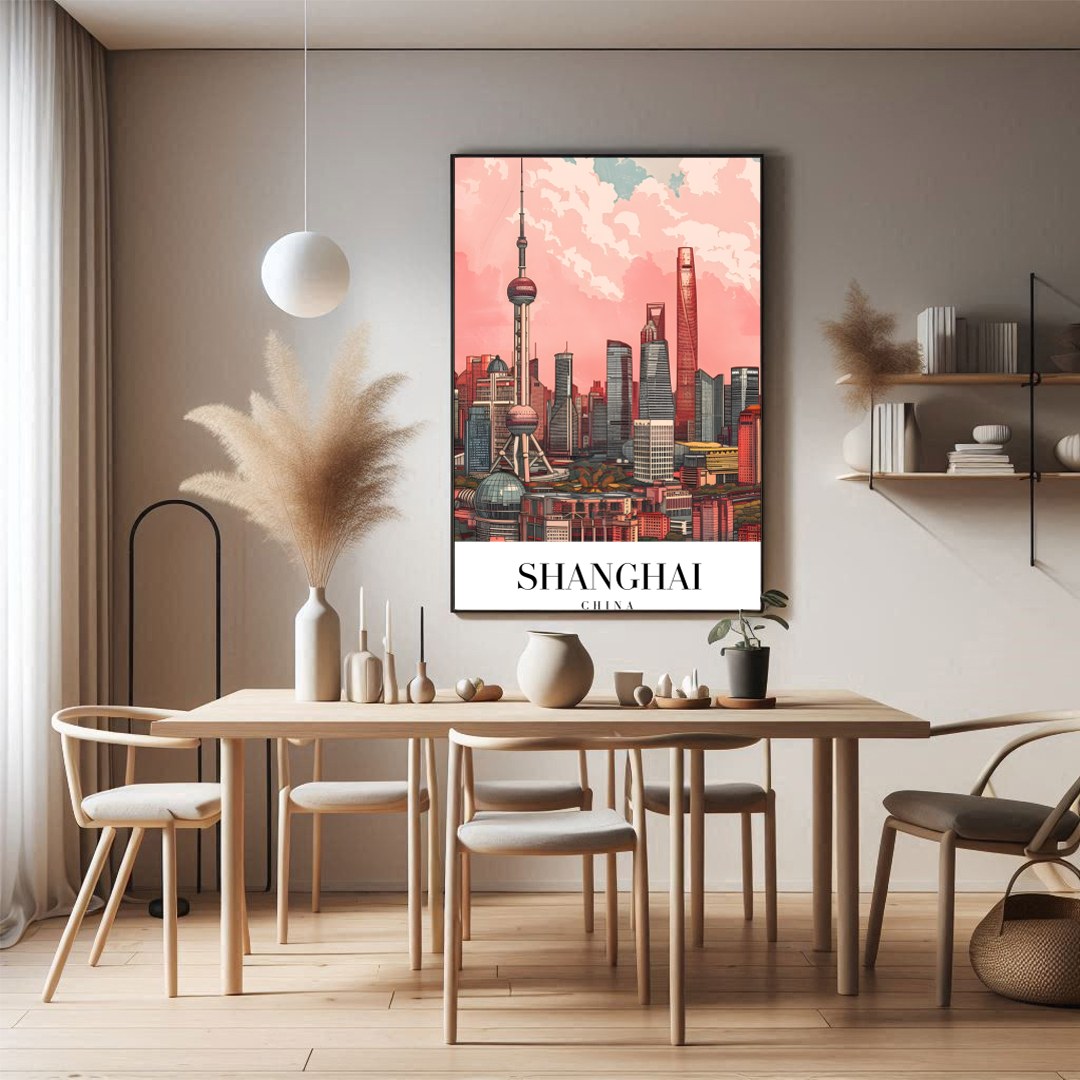 Immerse yourself in the vibrant and bustling energy of Shanghai with this stunning skyline artwork. for Dining