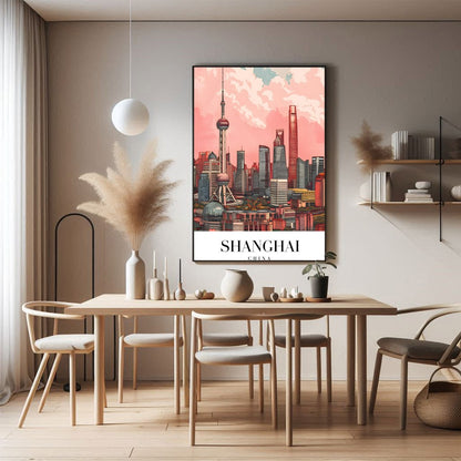 Immerse yourself in the vibrant and bustling energy of Shanghai with this stunning skyline artwork. for Dining