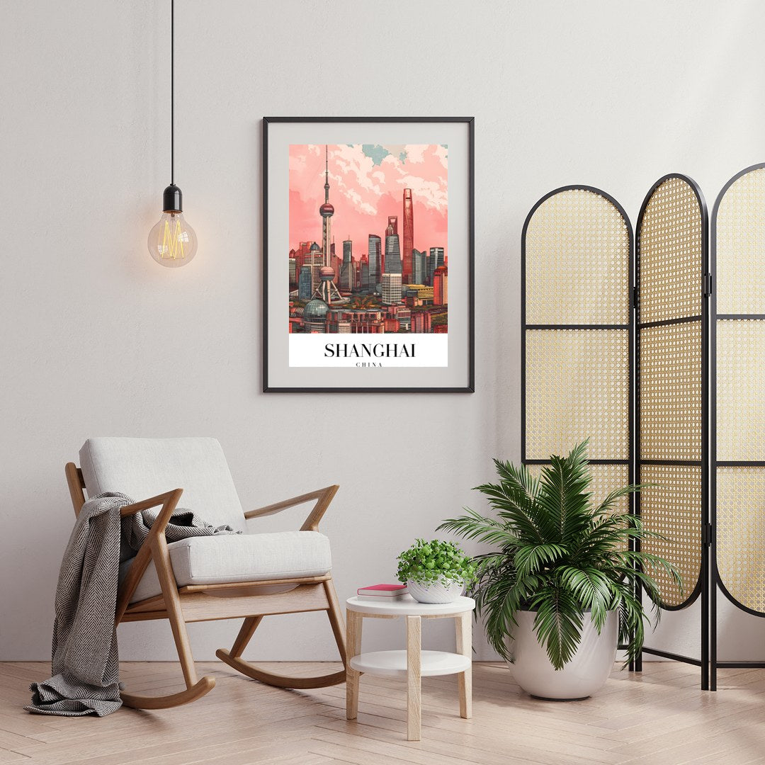 Immerse yourself in the vibrant and bustling energy of Shanghai with this stunning skyline artwork. for Foyer
