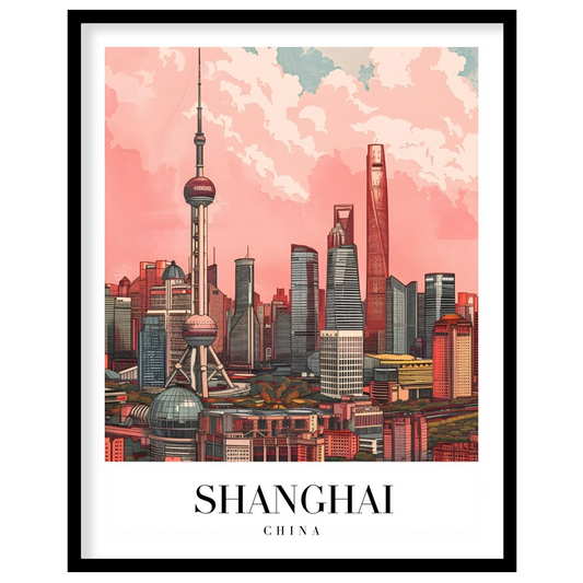 Immerse yourself in the vibrant and bustling energy of Shanghai with this stunning skyline artwork. for hallway