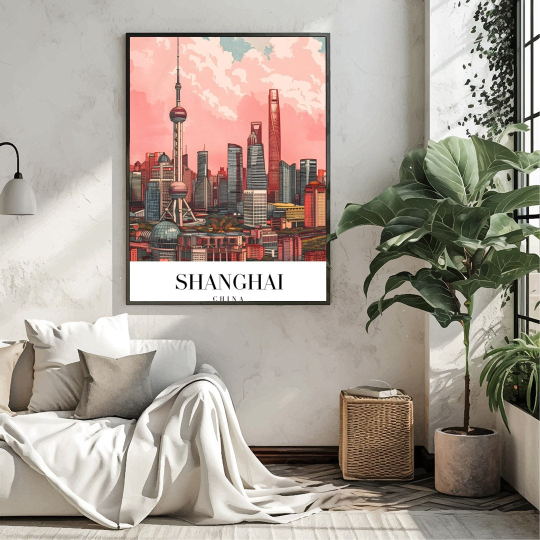 Immerse yourself in the vibrant and bustling energy of Shanghai with this stunning skyline artwork. for Living Room
