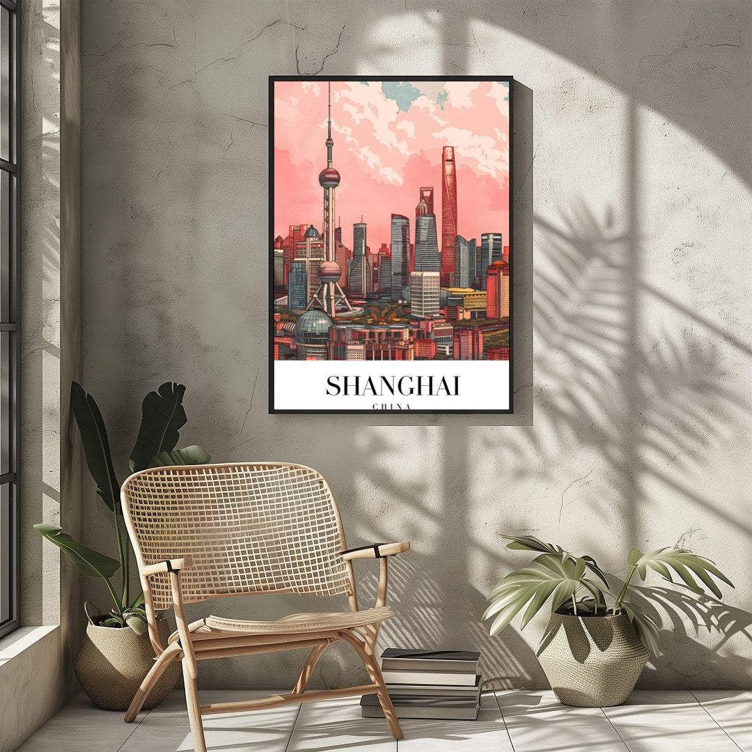Immerse yourself in the vibrant and bustling energy of Shanghai with this stunning skyline artwork. for Sitting Area