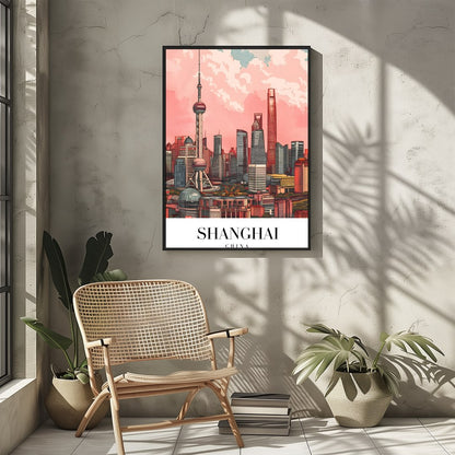 Immerse yourself in the vibrant and bustling energy of Shanghai with this stunning skyline artwork. for Sitting Area