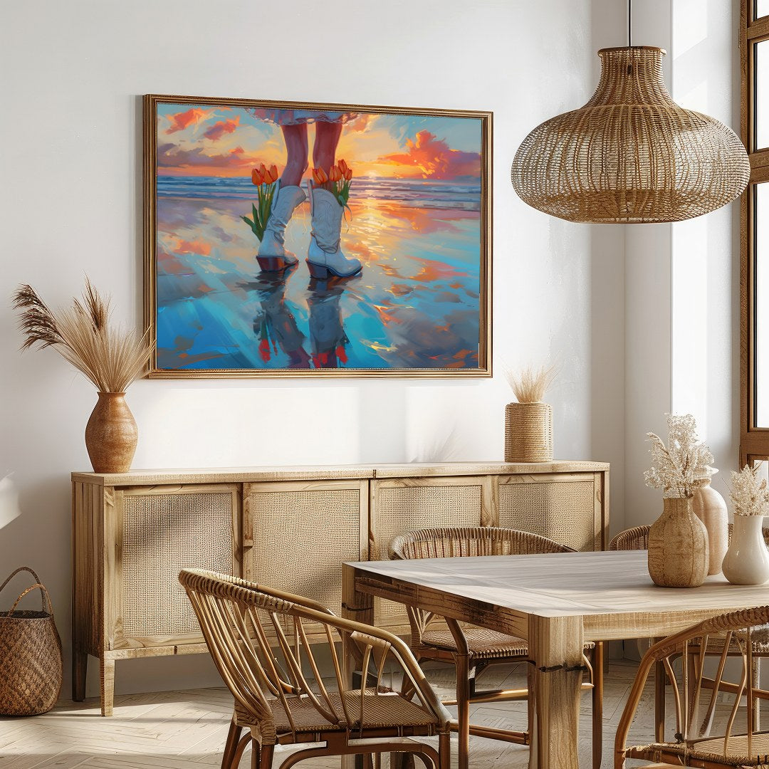 Immerse yourself in a serene beachscape with vibrant sunset hues reflecting on the water while for Dining