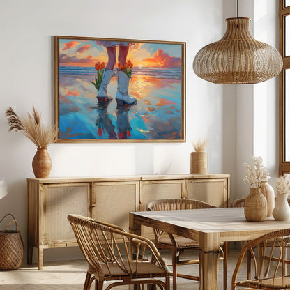 Immerse yourself in a serene beachscape with vibrant sunset hues reflecting on the water while for Dining