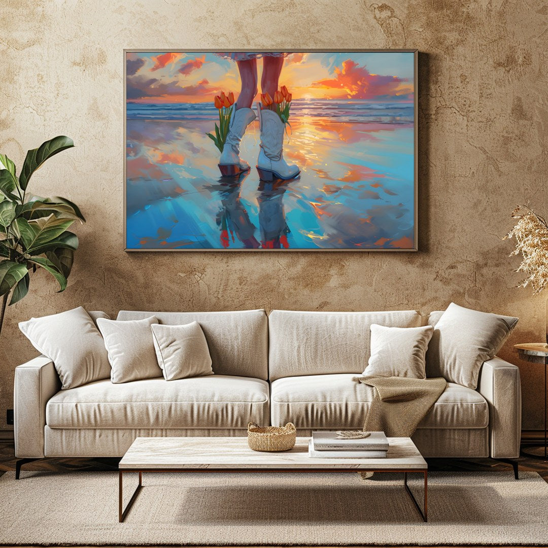 Immerse yourself in a serene beachscape with vibrant sunset hues reflecting on the water while for Family Room