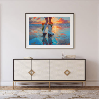 Immerse yourself in a serene beachscape with vibrant sunset hues reflecting on the water while for Foyer