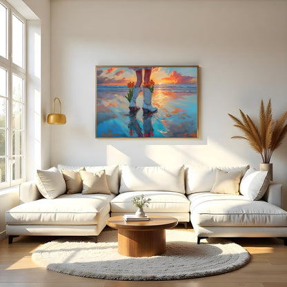 Immerse yourself in a serene beachscape with vibrant sunset hues reflecting on the water while for Living Room
