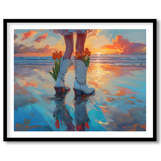 Immerse yourself in a serene beachscape with vibrant sunset hues reflecting on the water while for sanctuary