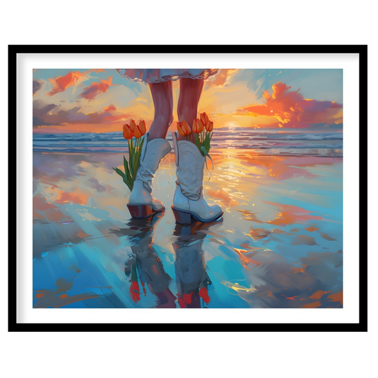 Immerse yourself in a serene beachscape with vibrant sunset hues reflecting on the water while for sanctuary
