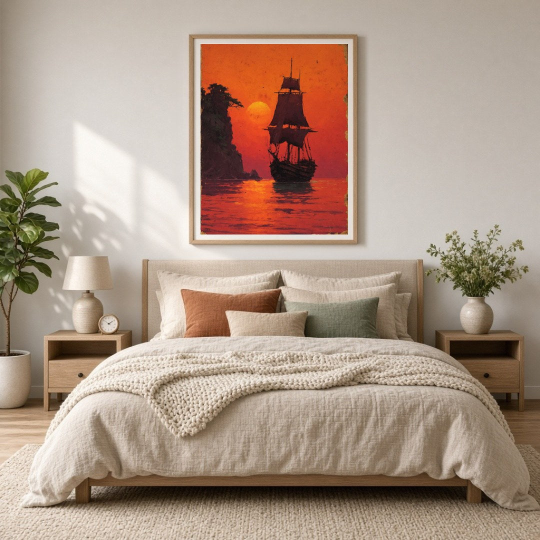 Immerse yourself in the tranquil beauty of a majestic sailboat silhouetted against a glowing orange for Bedroom