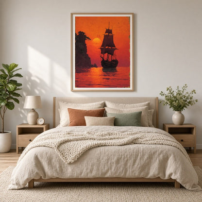 Immerse yourself in the tranquil beauty of a majestic sailboat silhouetted against a glowing orange for Bedroom