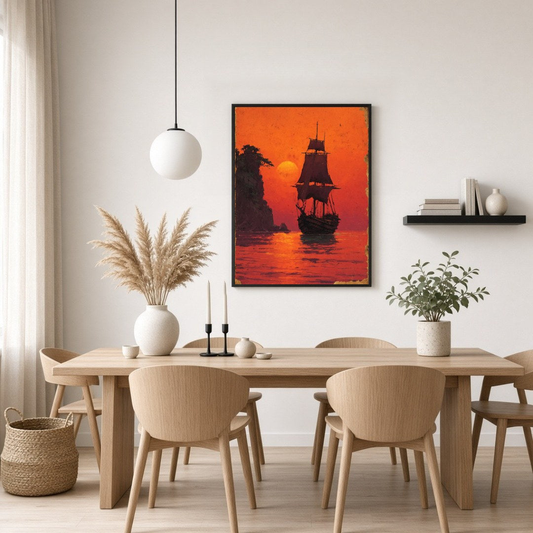 Immerse yourself in the tranquil beauty of a majestic sailboat silhouetted against a glowing orange for Dining