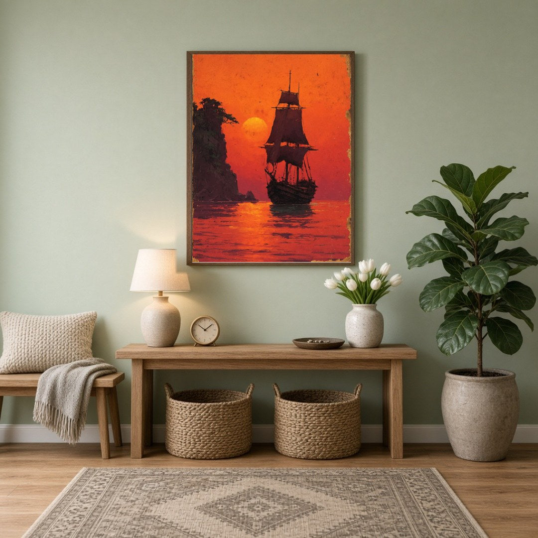 Immerse yourself in the tranquil beauty of a majestic sailboat silhouetted against a glowing orange for Entrance
