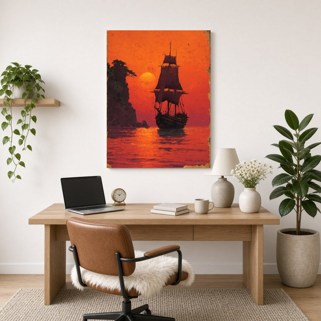Immerse yourself in the tranquil beauty of a majestic sailboat silhouetted against a glowing orange for Home Office
