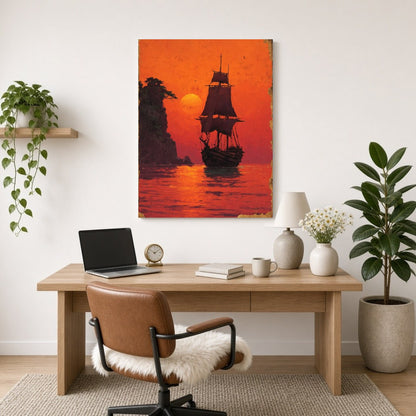 Immerse yourself in the tranquil beauty of a majestic sailboat silhouetted against a glowing orange for Home Office
