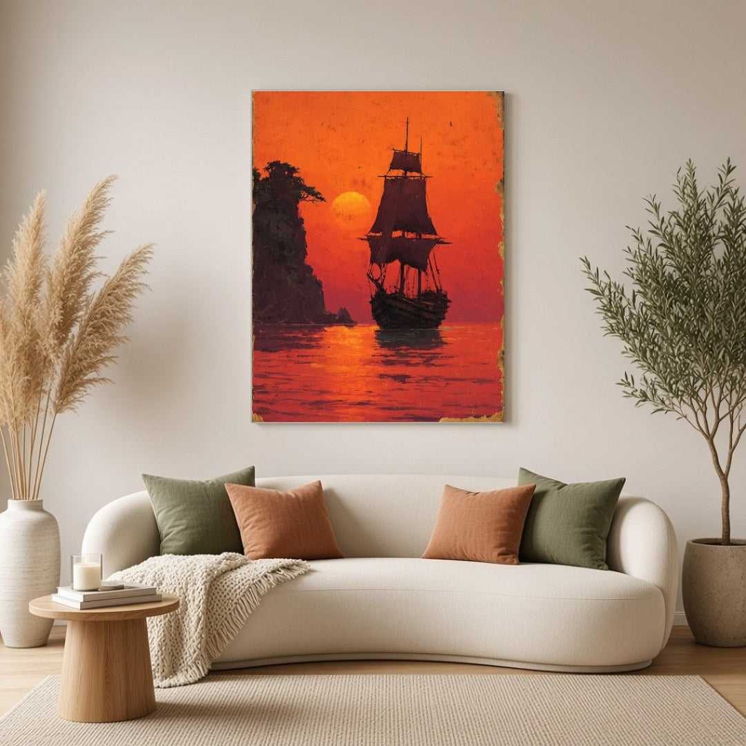 Immerse yourself in the tranquil beauty of a majestic sailboat silhouetted against a glowing orange for Living Room