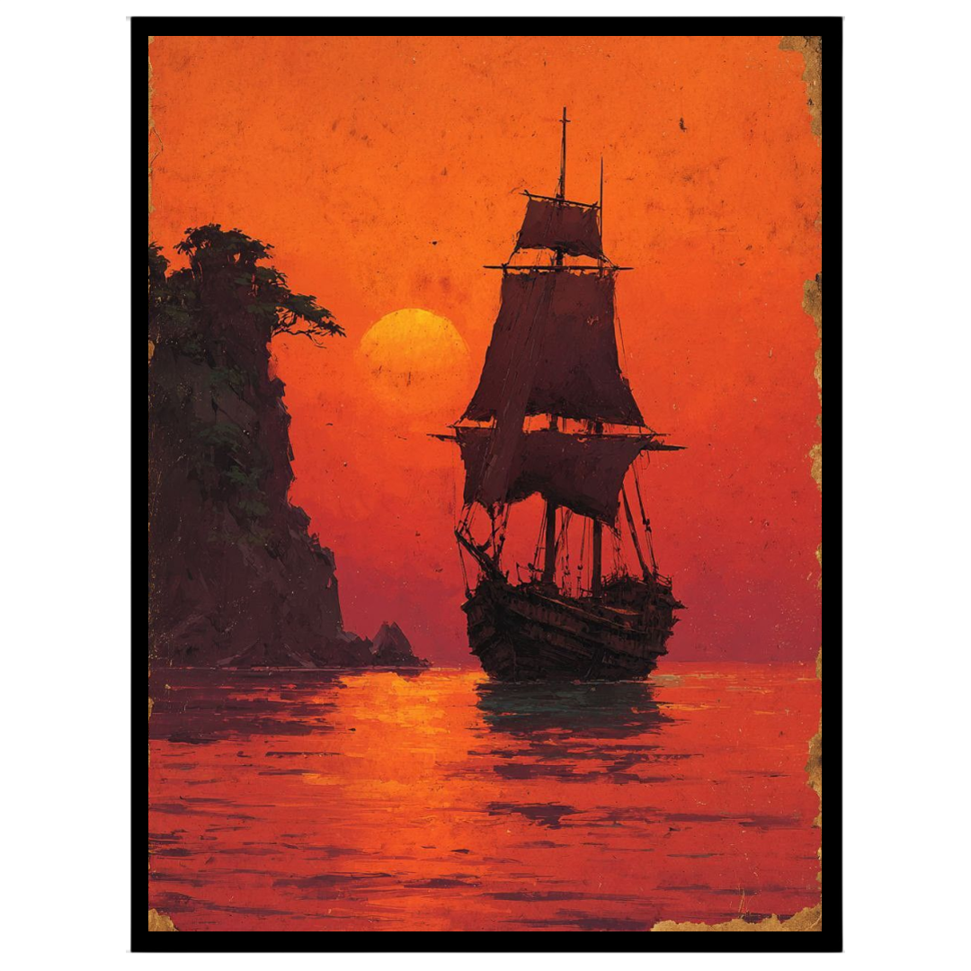 Immerse yourself in the tranquil beauty of a majestic sailboat silhouetted against a glowing orange for lovely-house