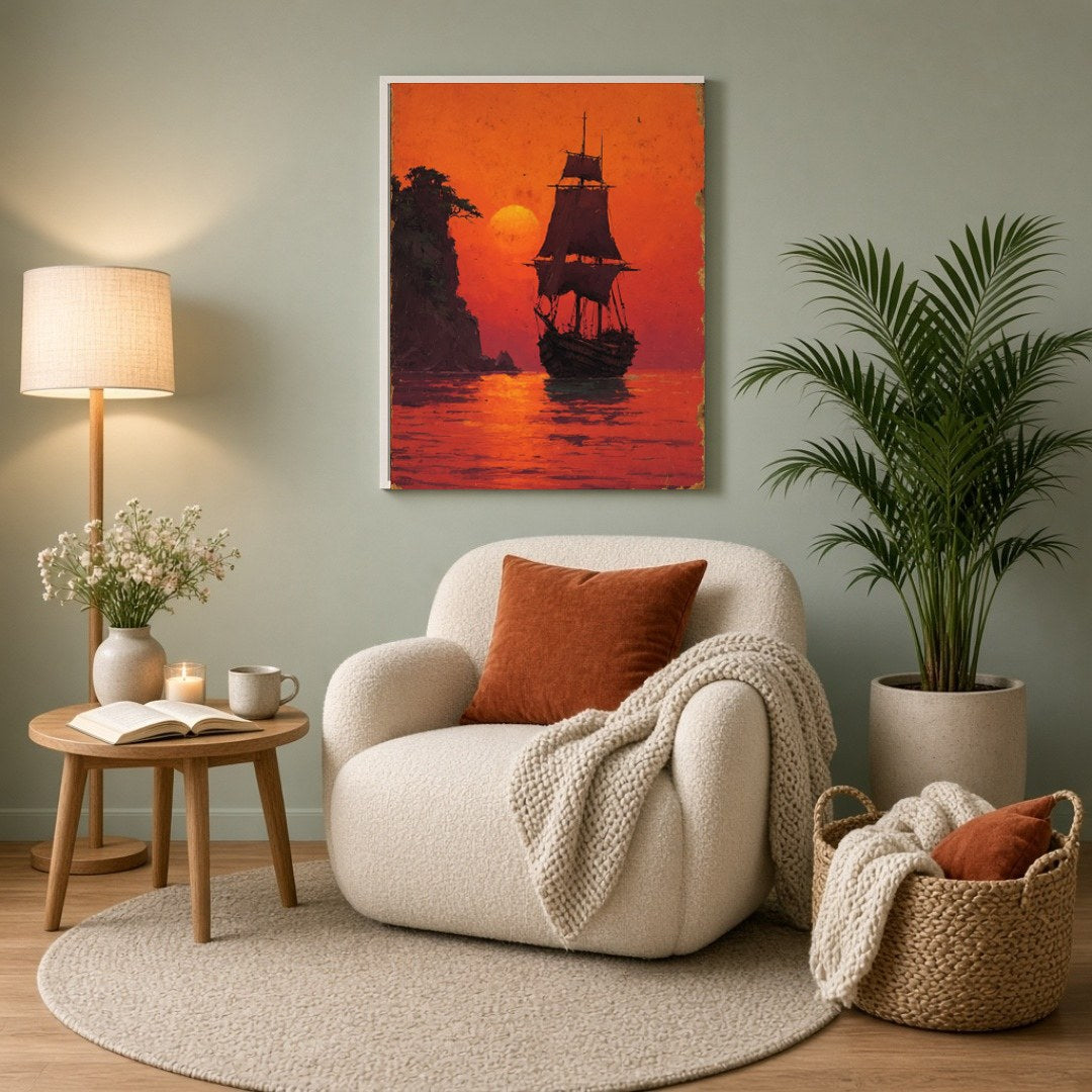 Immerse yourself in the tranquil beauty of a majestic sailboat silhouetted against a glowing orange for Reading Nook