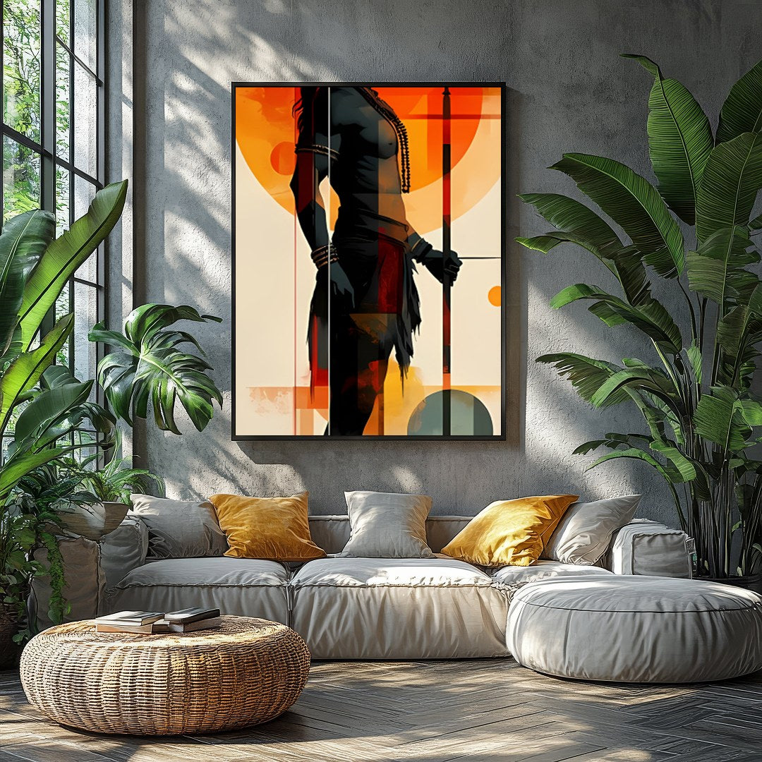 This striking artwork features a bold silhouette of a warrior set against a vibrant sunset for Balcony