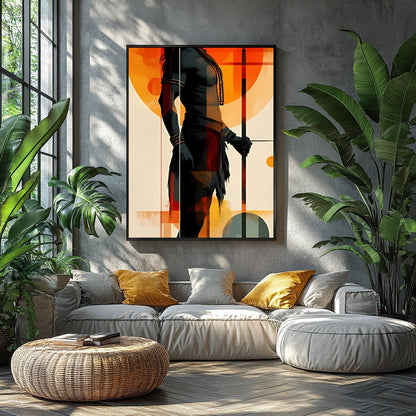 This striking artwork features a bold silhouette of a warrior set against a vibrant sunset for Balcony