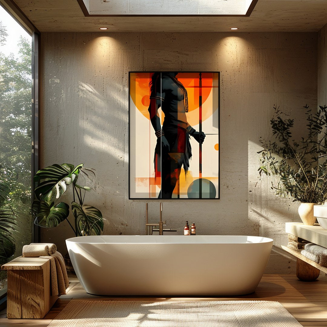 This striking artwork features a bold silhouette of a warrior set against a vibrant sunset for Bathroom