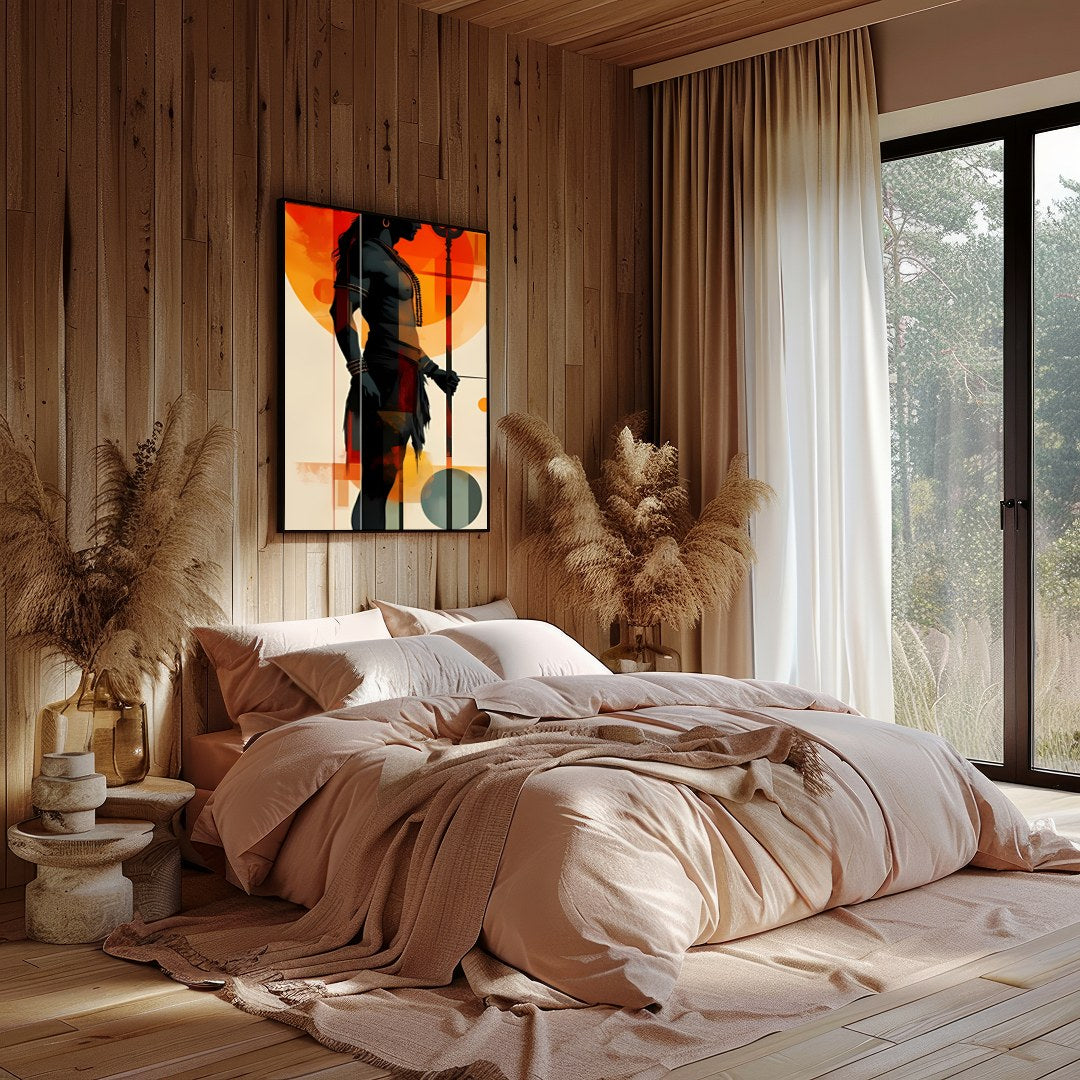 This striking artwork features a bold silhouette of a warrior set against a vibrant sunset for Bedroom