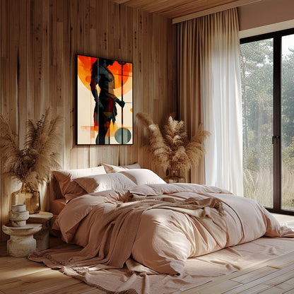 This striking artwork features a bold silhouette of a warrior set against a vibrant sunset for Bedroom