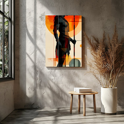 This striking artwork features a bold silhouette of a warrior set against a vibrant sunset for Entrance