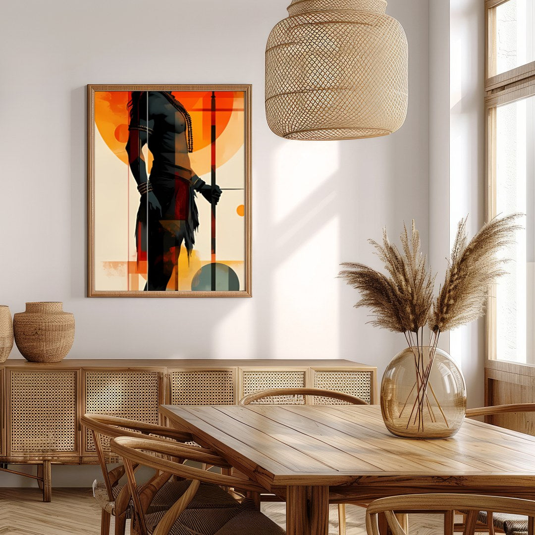 This striking artwork features a bold silhouette of a warrior set against a vibrant sunset for Extra Kitchen