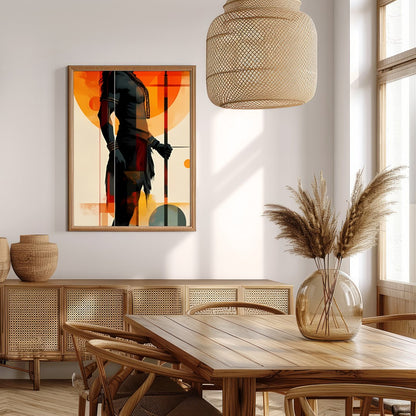 This striking artwork features a bold silhouette of a warrior set against a vibrant sunset for Extra Kitchen
