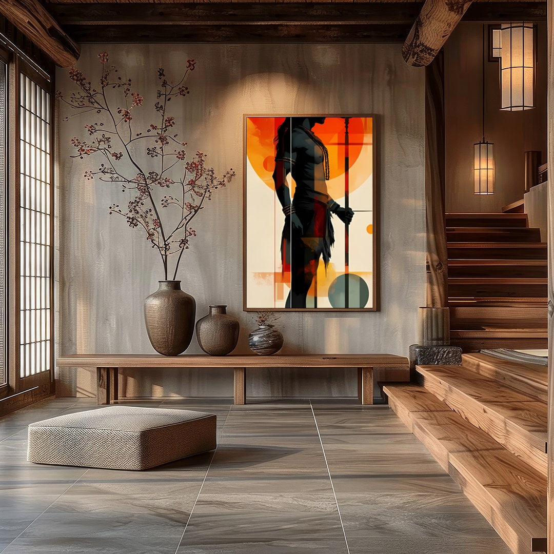 This striking artwork features a bold silhouette of a warrior set against a vibrant sunset for Hall
