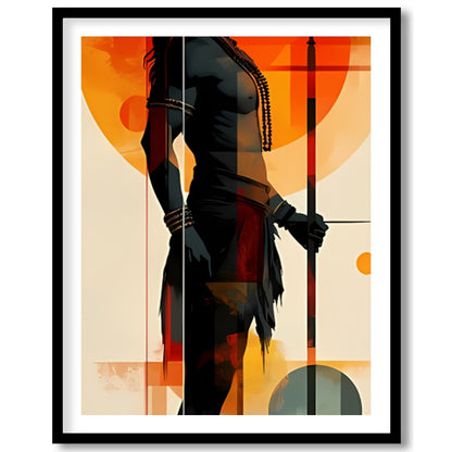This striking artwork features a bold silhouette of a warrior set against a vibrant sunset for haven