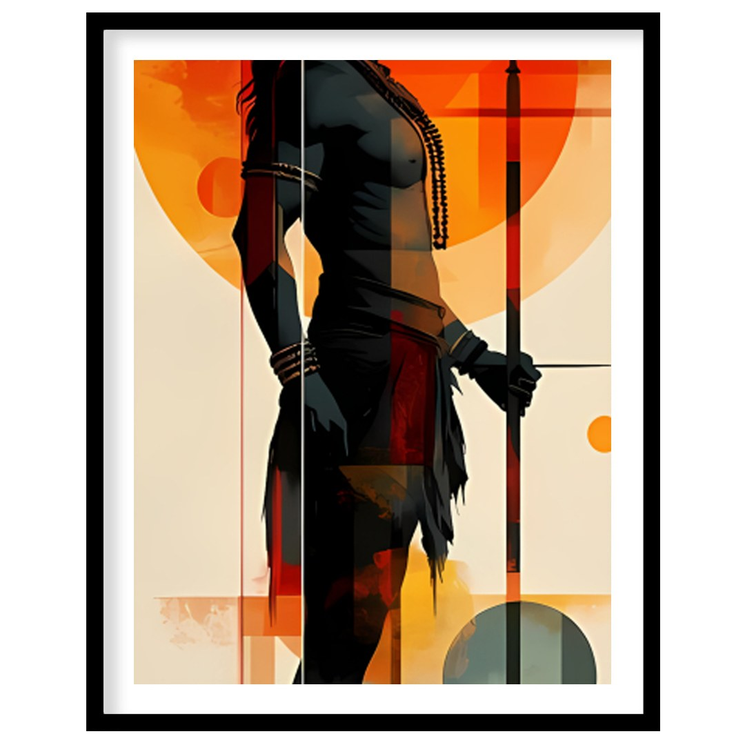 This striking artwork features a bold silhouette of a warrior set against a vibrant sunset for haven